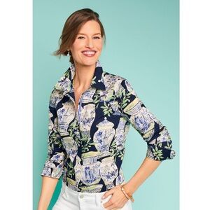 Talbots Petite Watercolor Vase Print Classic Cotton Shirt Navy Blue Green Mp